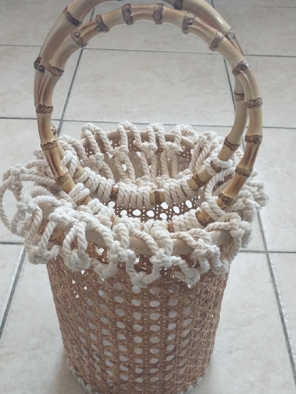 Woven Bamboo Basket Bag with Rope Trim - Natural